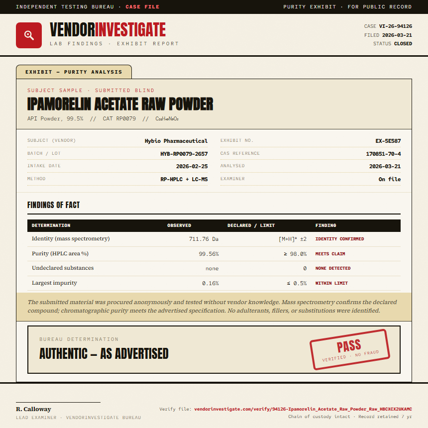 Ipamorelin Acetate Raw Powder Purity (HPLC) report by VendorInvestigate