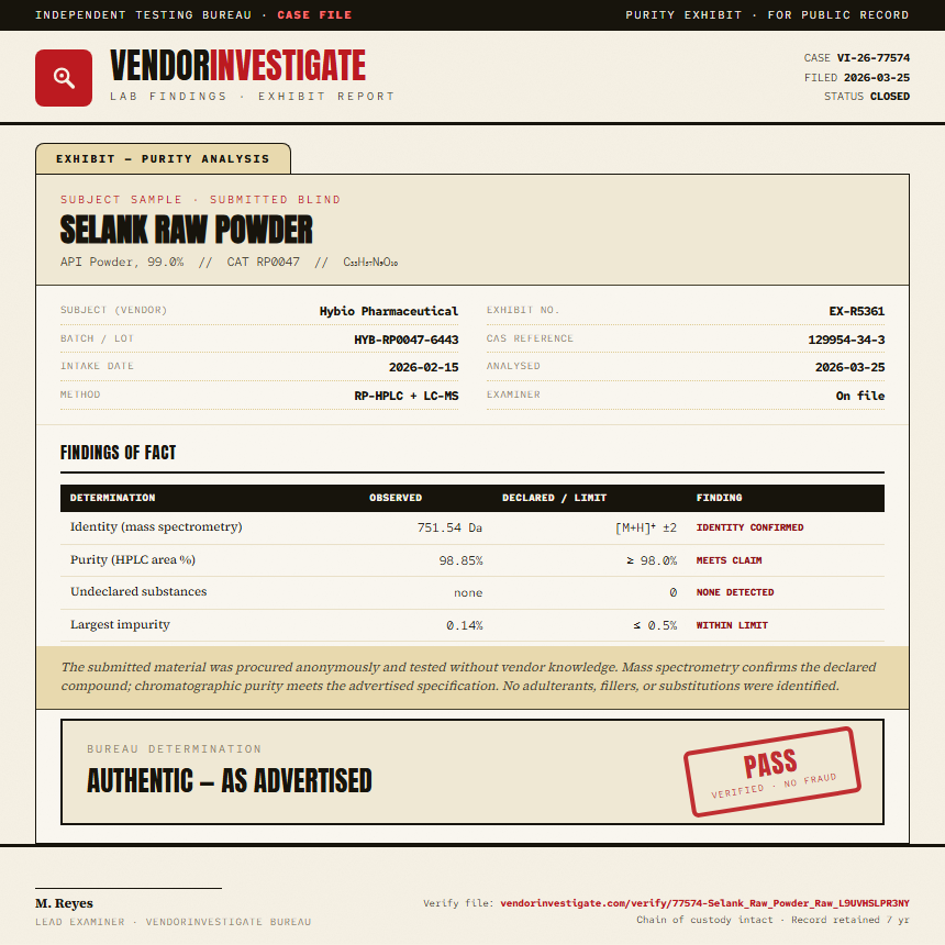 Selank Raw Powder Purity (HPLC) report by VendorInvestigate