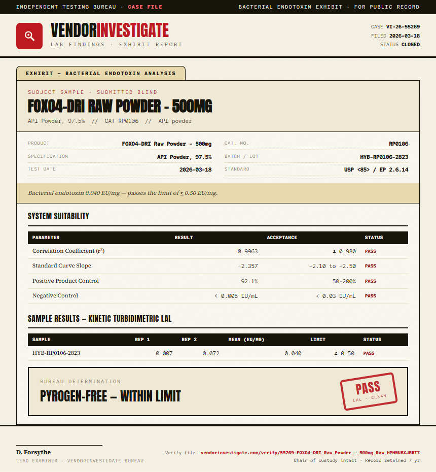 FOXO4-DRI Raw Powder - 500mg Endotoxin report by VendorInvestigate